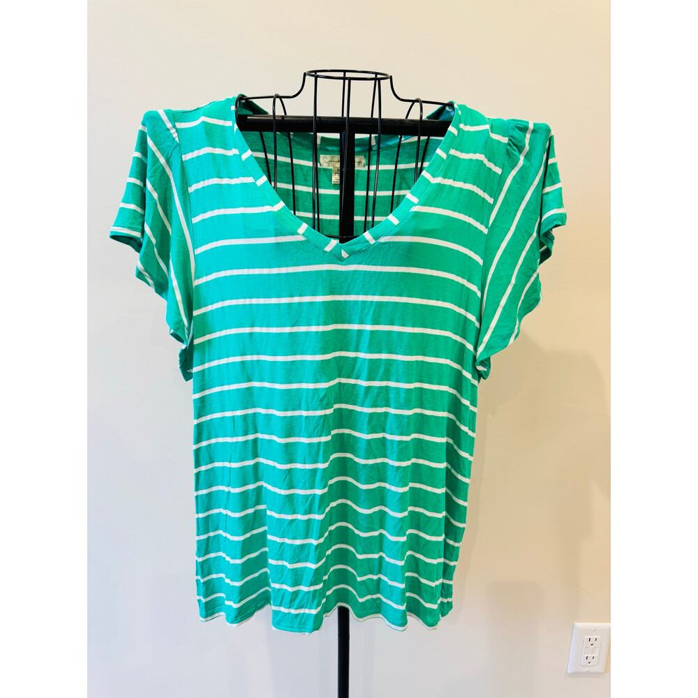 French Laundry Soft Striped Top 2X Green White VNeck Butterfly SleeveWomen